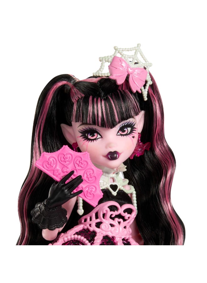 MONSTER HIGH Scary Sweet Birthday Doll, Draculaura in Pink Party Dress with Themed Accessories like Invite, Balloon, Gift, Fan and More - Image 4